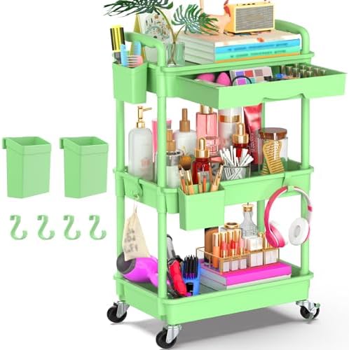 3 Tier Rolling Utility Cart Organizer with Removable Drawer, Green in Green