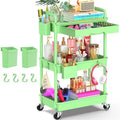 3 Tier Rolling Utility Cart Organizer with Removable Drawer, Green in Green