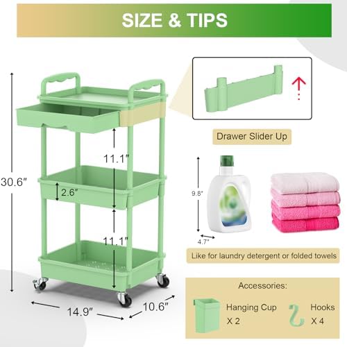 3 Tier Rolling Utility Cart Organizer with Removable Drawer, Green in Green, alternate view 2