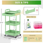 3 Tier Rolling Utility Cart Organizer with Removable Drawer, Green in Green, alternate view 2