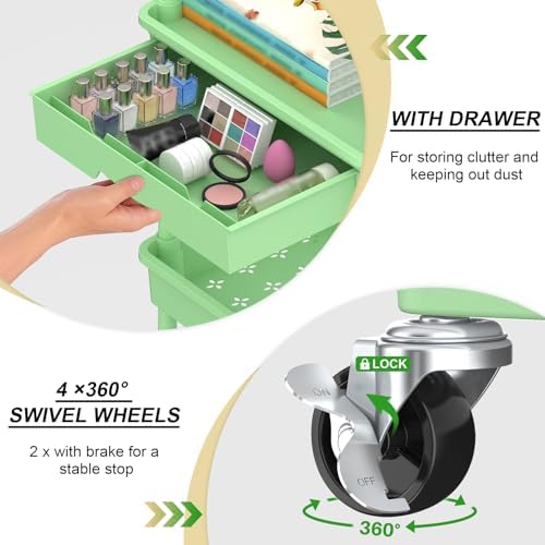 3 Tier Rolling Utility Cart Organizer with Removable Drawer, Green in Green, alternate view 3
