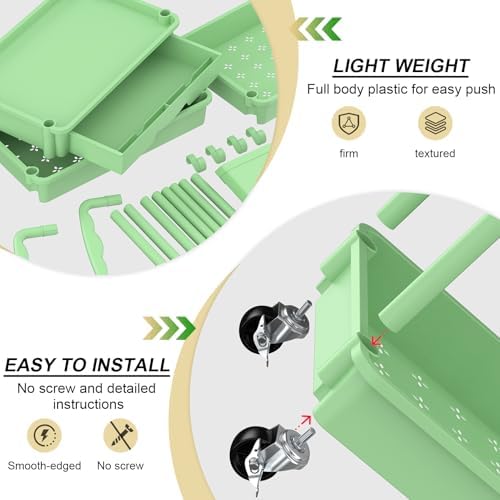 3 Tier Rolling Utility Cart Organizer with Removable Drawer, Green in Green, alternate view 4