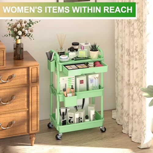 3 Tier Rolling Utility Cart Organizer with Removable Drawer, Green in Green, alternate view 5