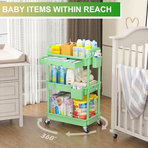 3 Tier Rolling Utility Cart Organizer with Removable Drawer, Green in Green, alternate view 6