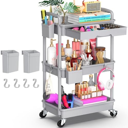 3 Tier Rolling Utility Cart Organizer with Removable Drawer, Grey in Grey