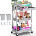 3 Tier Rolling Utility Cart Organizer with Removable Drawer, Grey in Grey
