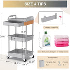 3 Tier Rolling Utility Cart Organizer with Removable Drawer, Grey in Grey, alternate view 2