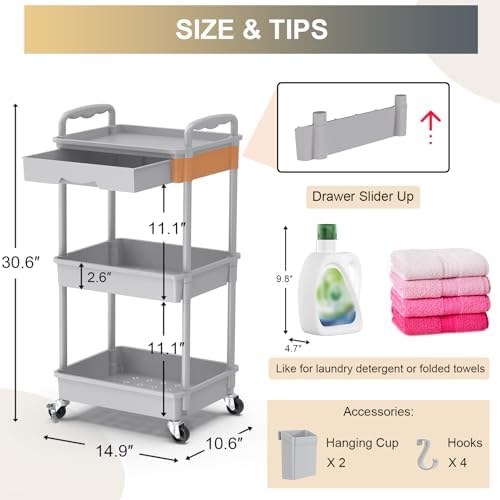 3 Tier Rolling Utility Cart Organizer with Removable Drawer, Grey in Grey, alternate view 2