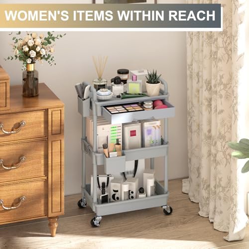 3 Tier Rolling Utility Cart Organizer with Removable Drawer, Grey in Grey, alternate view 5