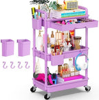 3 Tier Rolling Utility Cart Organizer with Removable Drawer, Purple