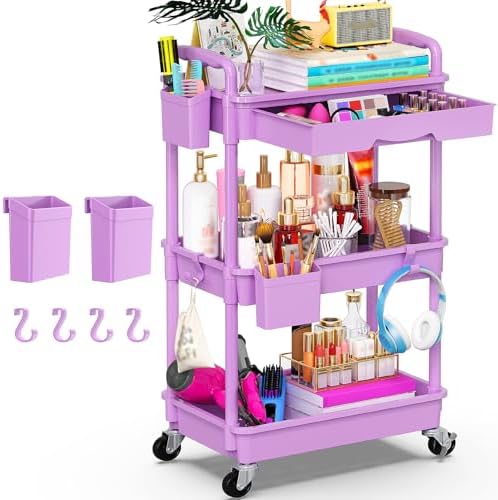 3 Tier Rolling Utility Cart Organizer with Removable Drawer, Purple