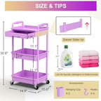 3 Tier Rolling Utility Cart Organizer with Removable Drawer, Purple, alternate view 2