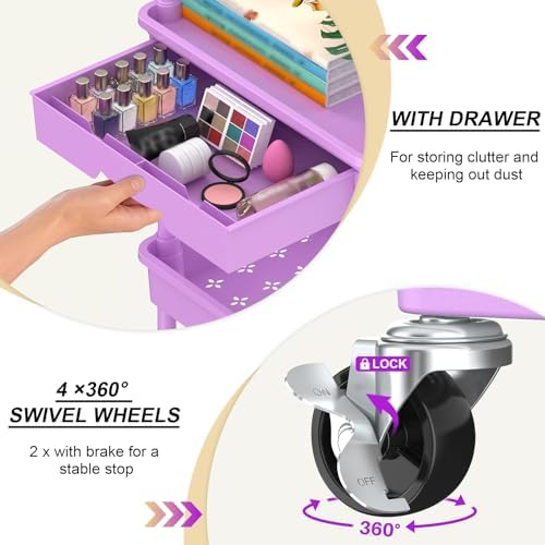 3 Tier Rolling Utility Cart Organizer with Removable Drawer, Purple, alternate view 3