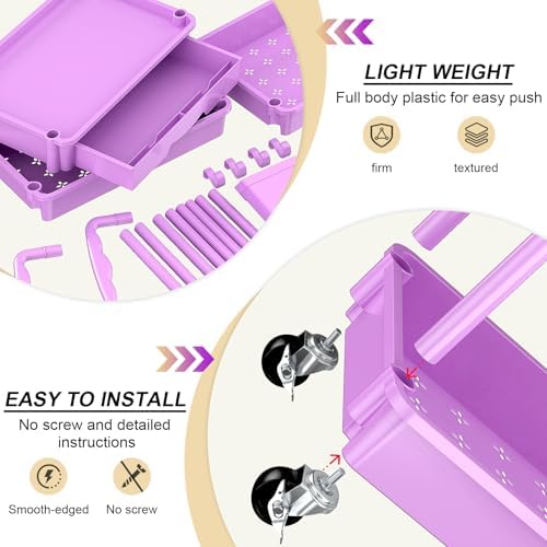3 Tier Rolling Utility Cart Organizer with Removable Drawer, Purple, alternate view 4