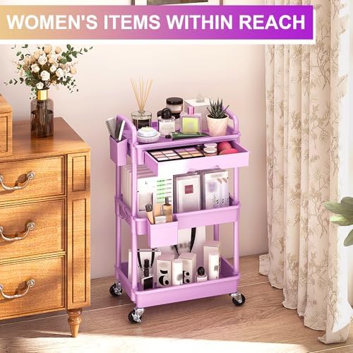 3 Tier Rolling Utility Cart Organizer with Removable Drawer, Purple, alternate view 5