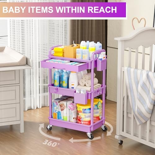3 Tier Rolling Utility Cart Organizer with Removable Drawer, Purple, alternate view 6