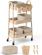 3-Tier Rolling Utility Cart with 4 Woven Baskets, Diaper Book Snack Cart, Storage Organizer for Nursery