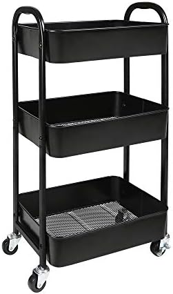 3-Tier Rolling Utility Cart with Caster Wheels Easy Assembly, Black in Black