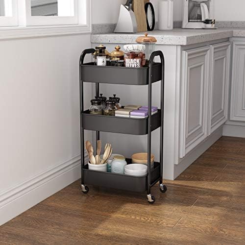 3-Tier Rolling Utility Cart with Caster Wheels Easy Assembly, Black in Black, alternate view 2