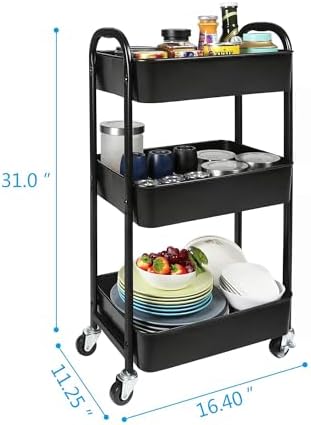 3-Tier Rolling Utility Cart with Caster Wheels Easy Assembly, Black in Black, alternate view 3