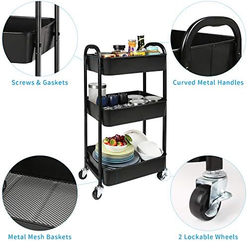 3-Tier Rolling Utility Cart with Caster Wheels Easy Assembly, Black in Black, alternate view 5