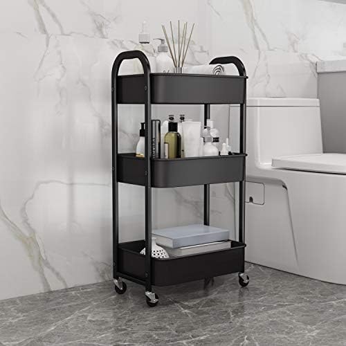 3-Tier Rolling Utility Cart with Caster Wheels Easy Assembly, Black in Black, alternate view 6