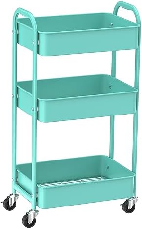 3-Tier Rolling Utility Cart with Caster Wheels, Easy Assembly, for Kitchen, Bathroom (Turquoise)