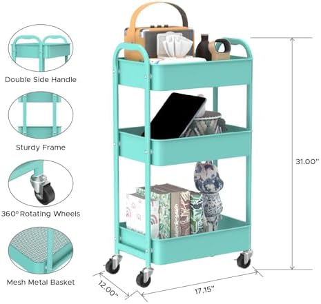 3-Tier Rolling Utility Cart with Caster Wheels, Easy Assembly, for Kitchen, Bathroom (Turquoise), alternate view 3