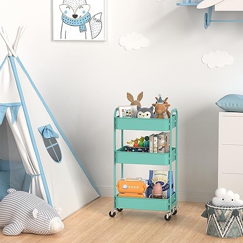 3-Tier Rolling Utility Cart with Caster Wheels, Easy Assembly, for Kitchen, Bathroom (Turquoise), alternate view 4