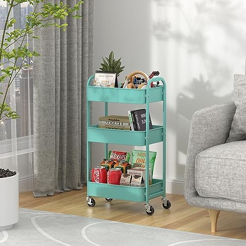 3-Tier Rolling Utility Cart with Caster Wheels, Easy Assembly, for Kitchen, Bathroom (Turquoise), alternate view 6