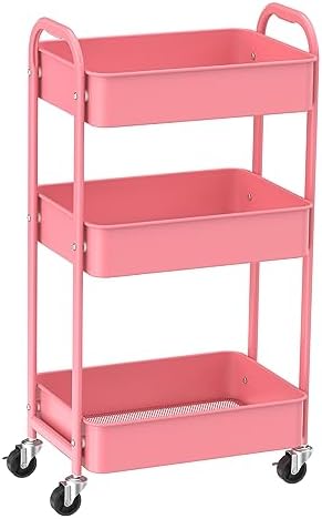 3-Tier Rolling Utility Cart with Caster Wheels, Easy Assembly, for Kitchen, Bathroom (Pink) in Pink