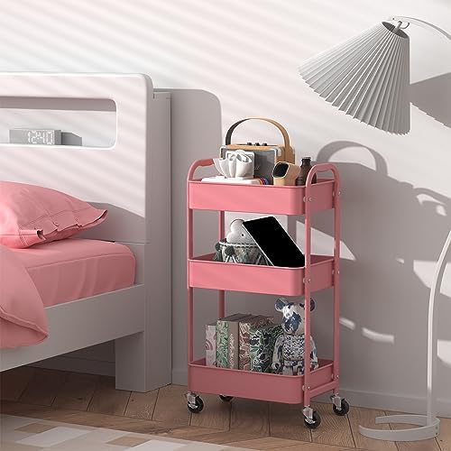 3-Tier Rolling Utility Cart with Caster Wheels, Easy Assembly, for Kitchen, Bathroom (Pink) in Pink, alternate view 2