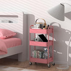 3-Tier Rolling Utility Cart with Caster Wheels, Easy Assembly, for Kitchen, Bathroom (Pink) in Pink, alternate view 2