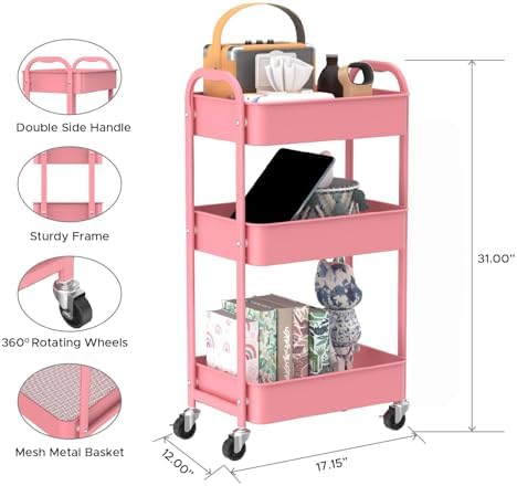 3-Tier Rolling Utility Cart with Caster Wheels, Easy Assembly, for Kitchen, Bathroom (Pink) in Pink, alternate view 3