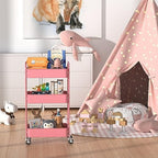 3-Tier Rolling Utility Cart with Caster Wheels, Easy Assembly, for Kitchen, Bathroom (Pink) in Pink, alternate view 4