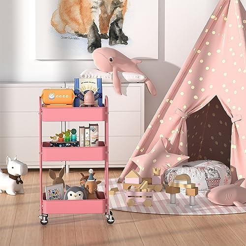 3-Tier Rolling Utility Cart with Caster Wheels, Easy Assembly, for Kitchen, Bathroom (Pink) in Pink, alternate view 4