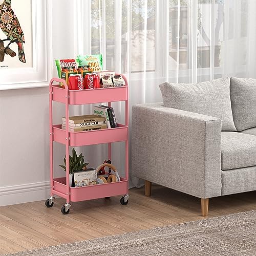 3-Tier Rolling Utility Cart with Caster Wheels, Easy Assembly, for Kitchen, Bathroom (Pink) in Pink, alternate view 6