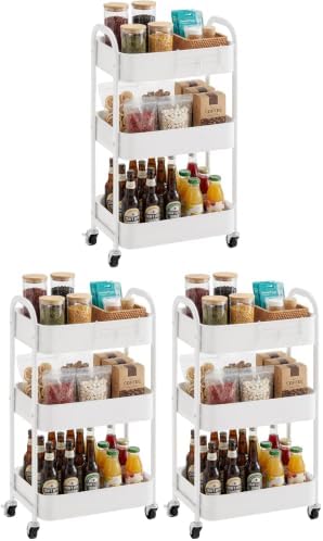 3-Tier Rolling Utility Cart with Caster Wheels, Easy Assembly, for Kitchen, Bathroom (White) (Pack of 3) in