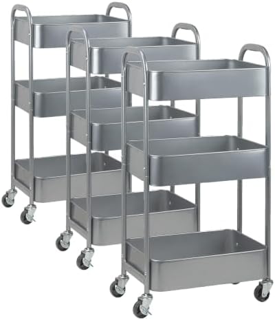 3-Tier Rolling Utility Cart with Caster Wheels, Easy Assembly, for Kitchen, Bathroom (Silvery-Grey) (Pack of 3)