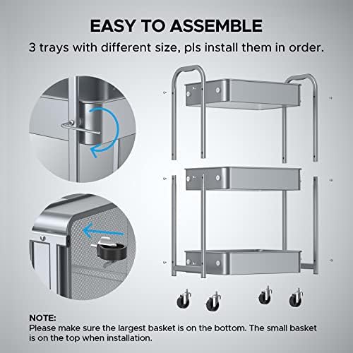 3-Tier Rolling Utility Cart with Caster Wheels, Easy Assembly, for Kitchen, Bathroom (Silvery-Grey) (Pack of 3), alternate