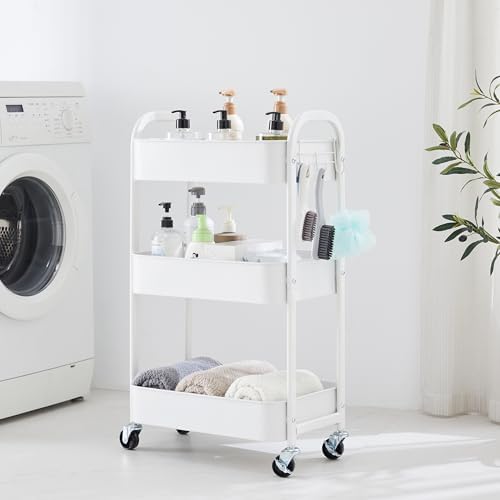 3-Tier Rolling Utility Cart with Caster Wheels, Easy Assembly, White in White, alternate view 2