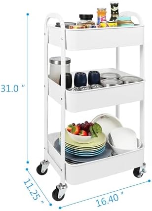 3-Tier Rolling Utility Cart with Caster Wheels, Easy Assembly, White in White, alternate view 3