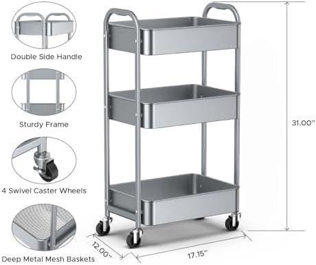 3-Tier Rolling Utility Cart with Caster Wheels, Silvery-Grey, alternate view 3