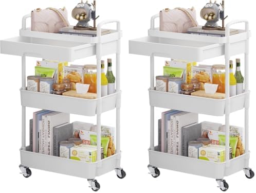 3-Tier Rolling Utility Cart with Drawer, Multifunctional Storage Organizer with Plastic Shelf & Metal Wheels