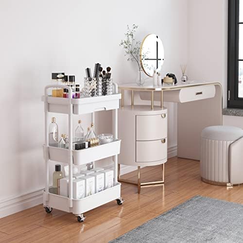 3-Tier Rolling Utility Cart with Drawer, Multifunctional Storage Organizer with Plastic Shelf & Metal Wheels, alternate view