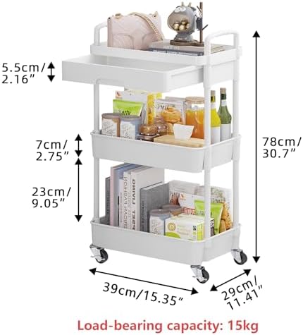 3-Tier Rolling Utility Cart with Drawer, Multifunctional Storage Organizer with Plastic Shelf & Metal Wheels, alternate view