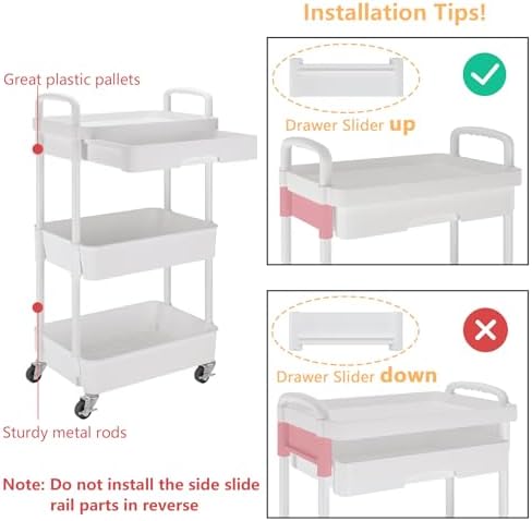 3-Tier Rolling Utility Cart with Drawer, Multifunctional Storage Organizer with Plastic Shelf & Metal Wheels, alternate view