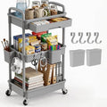 3 Tier Rolling Utility Cart with Drawer, Plastic Storage Organizer Rolling Carts with Wheels Handles Hanging
