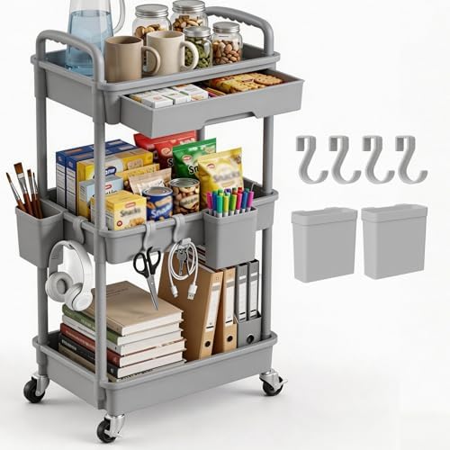 3 Tier Rolling Utility Cart with Drawer, Plastic Storage Organizer Rolling Carts with Wheels Handles Hanging