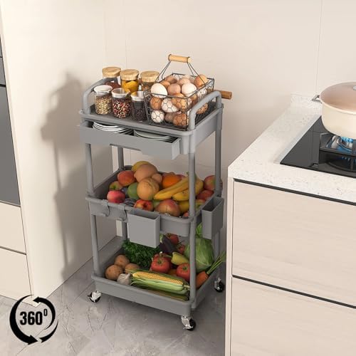 3 Tier Rolling Utility Cart with Drawer, Plastic Storage Organizer Rolling Carts with Wheels Handles Hanging, alternate view